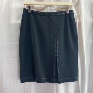 EXPRESS Black Knee Length Skirt with White Stitching Split Front‎ Size 3/4 Chic